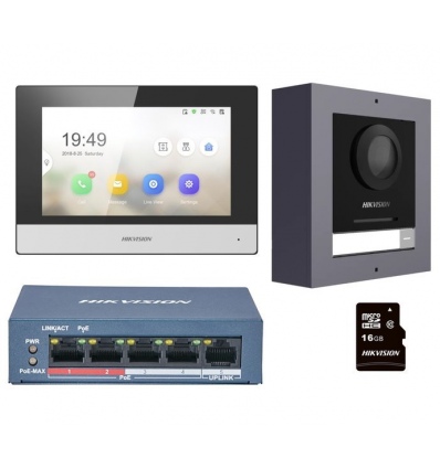 Hikvision DS-KIS602(B) - Kit IP videotelefonu, bytový monitor + dveřní stanice + switch + microSD