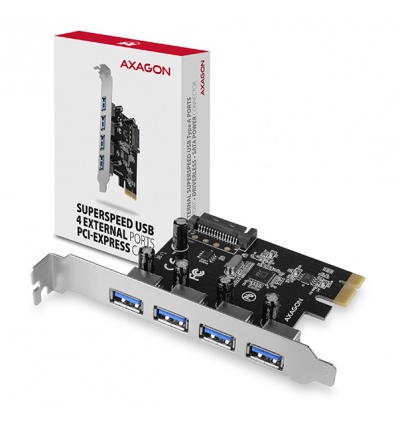 AXAGON PCEU-430VL, PCIe řadič, 4x USB 3.2 Gen 1 port, 5 Gbps, SATA napájení, SP